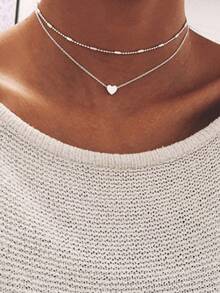 1pc Minimalist Double-Layer Heart Pendant Necklace, Alloy Multi-Layer Choker Necklace For Women - Silver - View 1