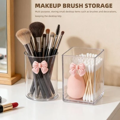 Bộ 2 hộp đựng bút chì acrylic để bàn, hộp đựng bút chì trong suốt có nơ, hộp đựng cọ trang điểm tròn, hộp đựng văn phòng phẩm để bàn cho văn phòng trường học (trong suốt)