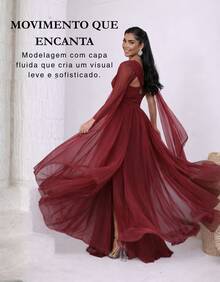 Women's Long Party Dress With Slit, Cape Sleeves, Gathered Bust And Brooch, Solid Color, Elegant, For New Year's Eve, Wedding, Bridesmaid, Graduation. - 紅木色 - 查看 3