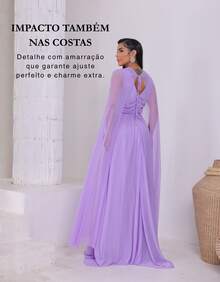 Women's Long Party Dress With Slit, Cape Sleeves, Gathered Bust And Brooch, Solid Color, Elegant, For New Year's Eve, Wedding, Bridesmaid, Graduation. - 紫丁香 - 查看 6