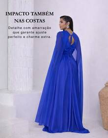 Women's Long Party Dress With Slit, Cape Sleeves, Gathered Bust And Brooch, Solid Color, Elegant, For New Year's Eve, Wedding, Bridesmaid, Graduation. - 藍色 - 查看 6