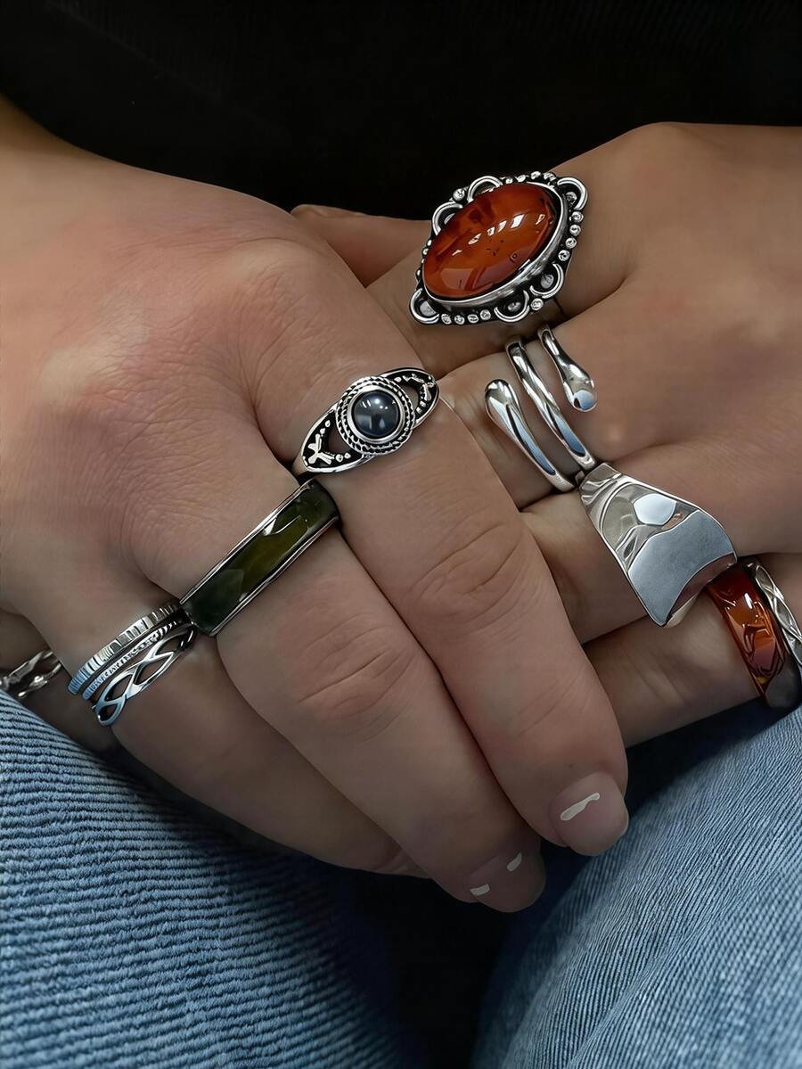 11件套波西米亚风多层戒指套装，人造宝石装饰戒指，适合女性日常佩戴、度假、派对、节日礼物 - 銀色 - 查看 1