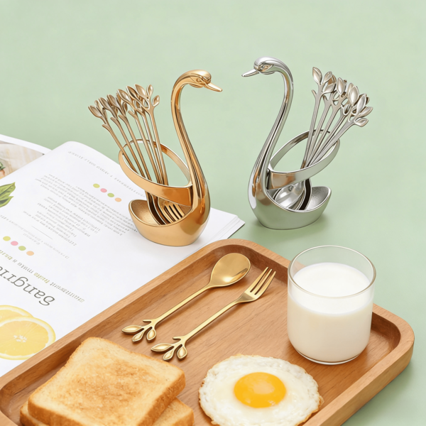 7pcs 304 Stainless Steel Leaf-Shaped Dessert Spoons, Coffee Spoons And Fruit Forks With Creative Swan-Shaped Stand, Suitable For Cafes, Dessert Shops And Home Use