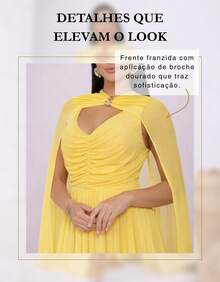 Women's Long Party Dress With Slit, Cape Sleeves, Gathered Bust And Brooch, Solid Color, Elegant, For New Year's Eve, Wedding, Bridesmaid, Graduation. - 黃色 - 查看 4
