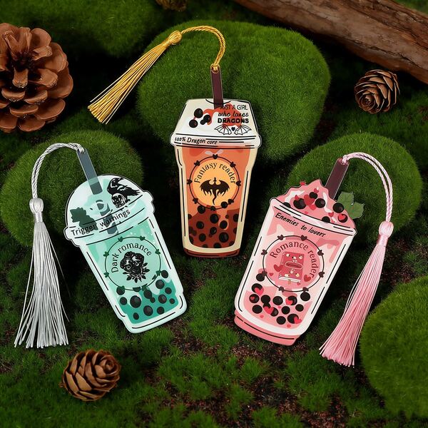 Marcapáginas de acrílico con diseño de imagen de té con leche y perlas, ideal como regalo exquisito para amantes de los libros románticos y de fantasía, adecuado para marcar la lectura diaria