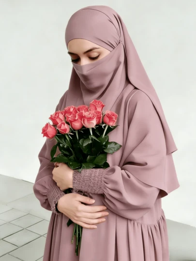 2pcs/Set Double-Layer Headscarf Khimar + Loose Abaya, Comfortable And Convenient For Prayer, Suitable For Muslim Women's Daily Wear, Applicable For All Seasons