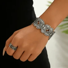 2pcs Vintage Elegant Butterfly Inlay Design Bracelet & Ring Set, Suitable For Women's Daily And Party Wear - Multicolor - View 8