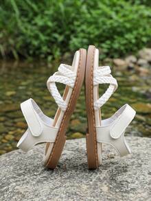 Kids Girls White Braided Crisscross Open Toe Sandals, Hook-And-Loop Ankle Strap Casual Shoes, Non-Slip Wear-Resistant Sole, Comfortable Padded Insole - White - View 6