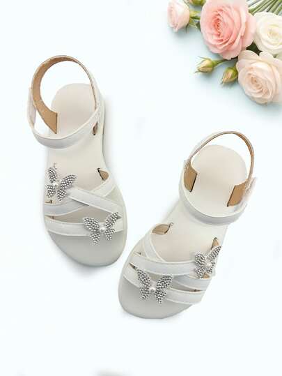 1 Pair White Fashion Children's Sandals, Fresh Summer Girls' Sandals, Rhinestone Butterfly & Pearl Decor Hook And Loop Design, Soft Non-Slip Durable Sole, Suitable For Banquet, Party, Wedding, Vacation