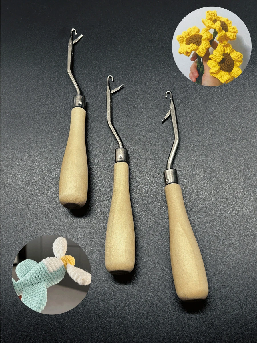 Bộ 3 kim móc cán tre và gỗ, kim móc dùng để nối tóc giả, dụng cụ nối tóc giả, kim móc sửa chữa thảm, bán sỉ - Móc lưỡi - Xem 1