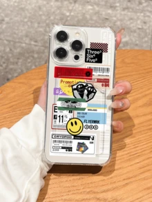 Retro American Graffiti Sticker Card Slot Shockproof Phone Case Compatible With Apple 17/16/14 Pro Max, High-Quality New Design Compatible With Iphone 13, Fashionable Protection Case Compatible With Iphone 12/12 Pro, Minimalist Style Compatible With Iphone 11, Suitable Compatible With Iphone 15 Pro Max - Clear - View 1