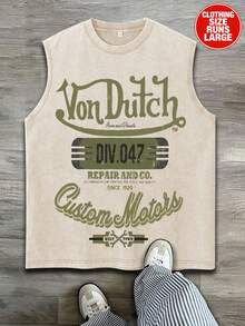 Sleeveless Printed T-Shirt, Y2K Style Street Fashion Men's Washed Vest (220g Pure Cotton), Vintage Pattern Fun Print, Hip-Hop Style, Men's Summer Round Neck Short-Sleeved Casual T-Shirt, Men's Summer Streetwear. - 杏色 - 查看 1