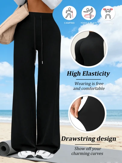 女士抽绳户外运动裤，高腰弹力直筒裤，阔腿裤，徒步裤，露营裤，网球裤，高尔夫裤，健身裤，黑色春季款