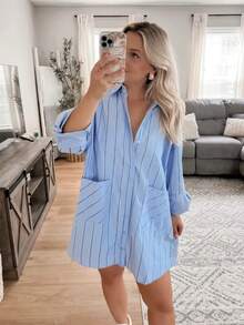 Plus Size Casual Front Button Double Pocket Striped Loose Fit Shirt Spring - Blue - View 3