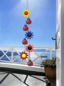 1pc Handpainted Metal Flower & Ladybug Hanging Decor - Rustic Garden Decoration, Suitable For Garden, Yard, Fence, Nursery And More - Ladybug String - View 2