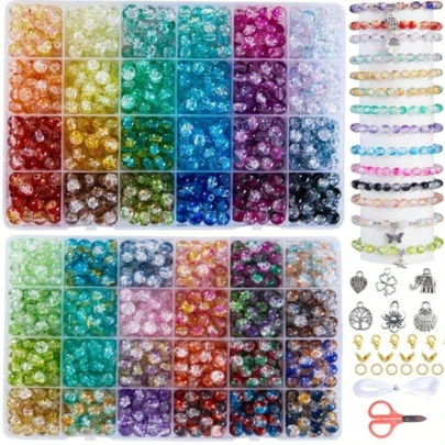 Bộ dụng cụ làm trang sức bằng hạt thủy tinh nứt nhiều màu sắc 8mm, hạt thủy tinh nứt nhiều màu để tự làm vòng tay, vòng cổ, bông tai, móc khóa, phụ kiện điện thoại, quà tặng thủ công cho bạn bè và gia đình.
