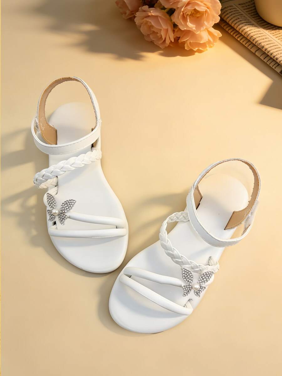1 Par de Sandálias Infantis Brancas da Moda, Sandálias Planas Antiderrapantes para Meninas, Design com , Tira Trançada com Decoração de Borboleta de Strass e Pérola, Adequado para Passeios de Verão, Banquetes, Festas, Casamentos, Férias - Damasco - Visão 1