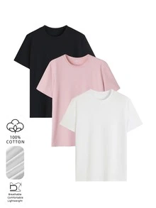 三件装女士基础款圆领上衣，采用特制100%重磅纯棉面料，柔软透气，多功能耐穿，简约休闲短袖T恤，适合日常通勤、休闲、情侣装和校园穿着。 - 彩色 - 查看 2