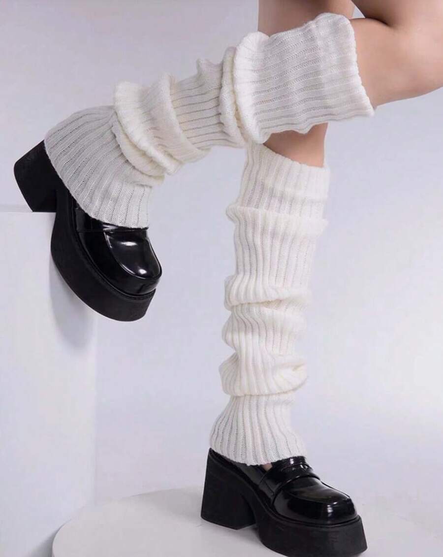 1 Pair Women Solid Color Knitted Leg Warmers, Warm & Elastic Vertical Striped Leg Socks, Cute Y2K Style, Suitable For Spring, Autumn, Winter, Daily Casual & Festival Wear - White - View 1