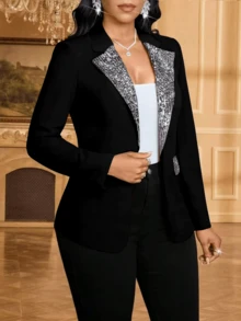 1 potong Jaket Blazer Kasual untuk Berkomuter, Glamor, Serbaguna, Warna Kontras, Patchwork Payet, Kerah, Saku Palsu, Bagian Depan Terbuka, Warna Hitam, Musim Gugur - Hitam - View 6