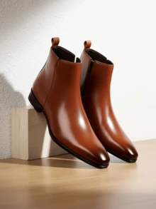 1 đôi bốt nam tiện dụng, kiểu dáng slip-on, mũi tròn, chất liệu PU, đế cao su, thoải mái, đa năng, đế mềm, cao đến giữa bắp chân, thích hợp cho phong cách thường ngày. - màu nâu - Xem 2