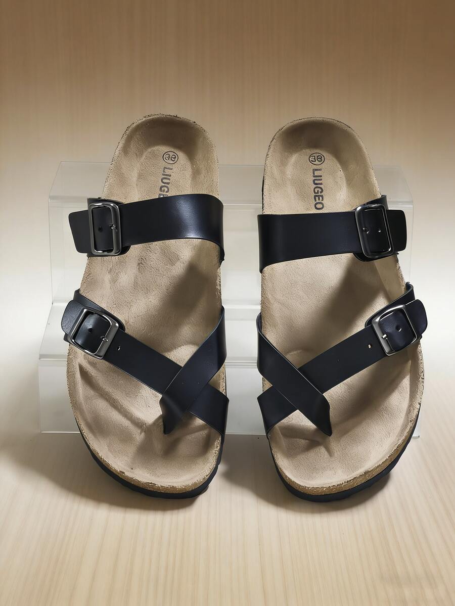 2026新款交叉趾软木拖鞋，男女通用沙滩凉鞋 - 黑色 - 查看 1