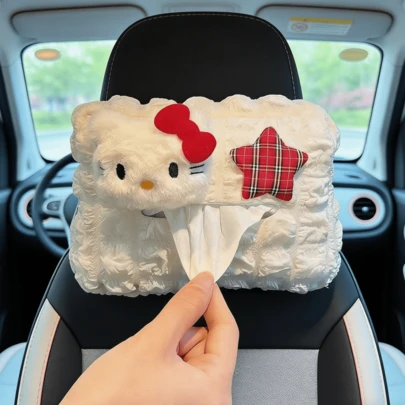 SANRIO غطاء صندوق المناديل بتصميم كرتوني، حامل مناديل سيارة قطة ناعمة، صندوق تخزين مناديل للمنزل/الحمام/المكتب مع حزام مطاطي، سهل التركيب، موزع مناديل محمول، هدية جمالية للفتيات، منظم للسيارة والحمام