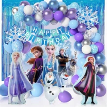 Conjunto Completo de Decoração para Festa de Aniversário, Tema Anna e Olaf, Conjunto de Pano de Bottom e Guirlanda de Balões, Inclui Faixa de Feliz Aniversário e Cortina de Borlas Metálicas, Adequado para Suprimentos de Festa da Princesa Frozen Mundo de Inverno - Conforme mostrado na figura - Visão 7
