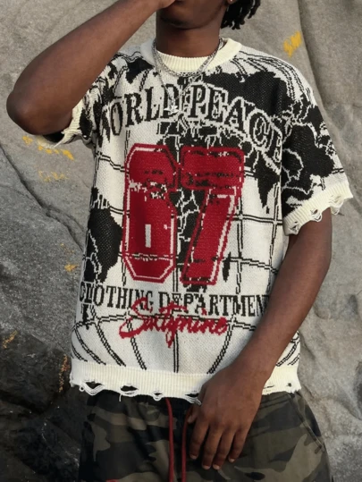 男女皆宜休闲宽松运动通勤街头时尚百搭日期每日地图及数字印花破洞圆领短袖针织衫，杏色毛衣，春夏款