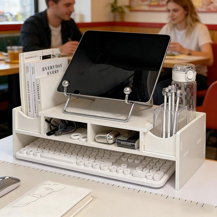White Multifunctional Desktop Storage Rack, Monitor Riser Stand, Office Organizer Shelf, 4-Tier Elevation Rack Office Desk Accessories Desk Accessories Office Supplies Office Accessories - Computer Riser - View 1