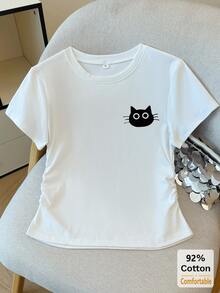 Áo thun cotton tay ngắn mùa hè dành cho nữ, in hình mèo, có xếp ly hai bên, thiết kế tôn dáng, áo lót trắng thời trang. - trắng - Xem 5