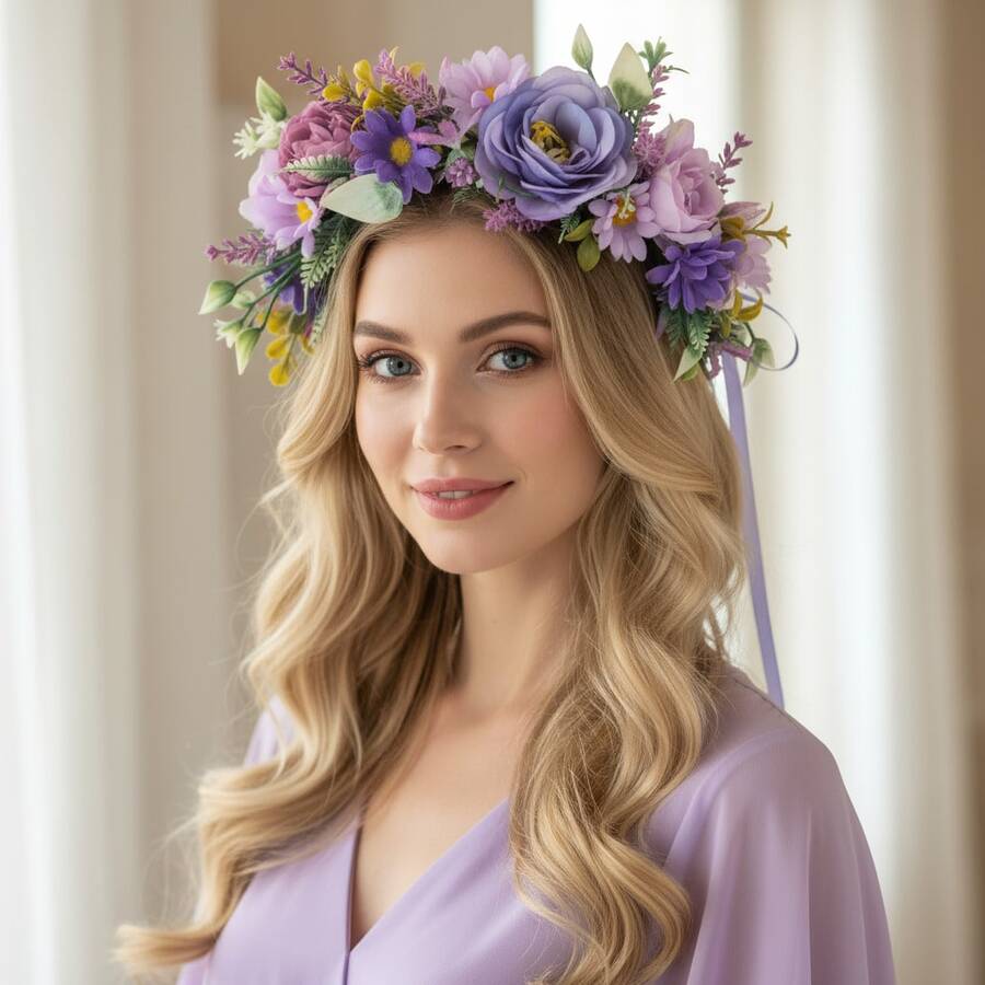 1 Stück Waldstil lila künstliche Blumen Kopfschmuck, Festival Party Braut Blumenkranz, Haaraccessoires, Braut Accessoires, Kronen, Tiara - Mauve - Übersicht 1