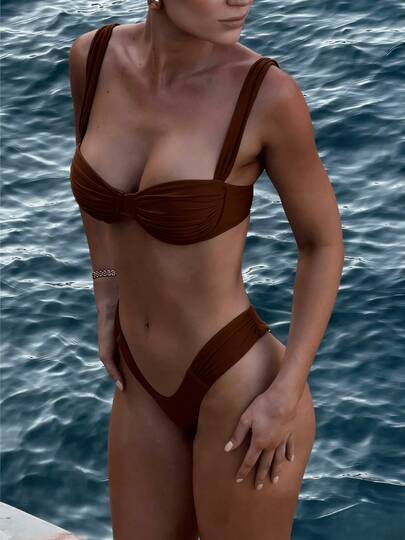 2026 Women's 2 Pieces Ruched Bikini Set Swimsuits With V Cut High Waisted Thong Cheeky Bottoms Gathered Bust Swimwear Summer Y2K Beachwear Bathing Suit