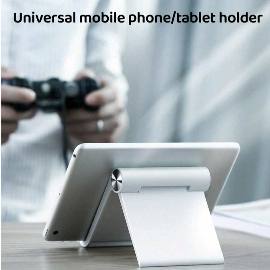 Foldable Desk Phone/Tablet Stand, Portable Adjustable Holder With Stable Base, Black/White, Secure Fixation, Minimalist Design, Durable Tablet Stand