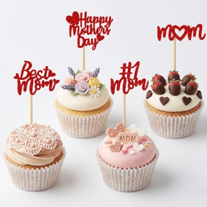 12/24件套红色闪光母亲节纸杯蛋糕装饰插牌，最佳妈妈蛋糕装饰，心形纸杯蛋糕插签，母亲节派对装饰，妈妈生日蛋糕装饰，女性派对用品