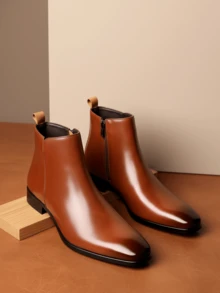1 đôi bốt nam tiện dụng, kiểu dáng slip-on, mũi tròn, chất liệu PU, đế cao su, thoải mái, đa năng, đế mềm, cao đến giữa bắp chân, thích hợp cho phong cách thường ngày. - màu nâu - Xem 1