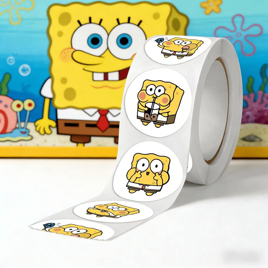 SpongeBob SquarePants 1pc Square Cartoon Cute & Fun Sticker, 25mm Round/Square Cartoon Cute Stamp Sticker, Adorable Square Sticker, Square Decor Sticker Suitable For Smartphone, Home Decor, Laptop, Water Bottle, Notebook