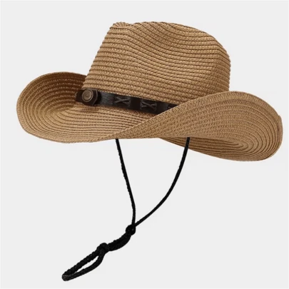 Mũ rơm Panama mùa hè unisex, kiểu dáng retro với dây đan chéo trang trí, thoáng khí, thích hợp cho cả nam và nữ.