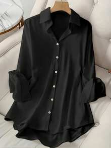 Plus Size Women Casual Shirt, Made Of Soft And Comfortable Fabric With Slight Stretch, Loose Fit, Suitable For Spring/Summer Wear Or Layering, Also Suitable For Daily, Office, Work, And Vacation Wear Black - Black - View 4
