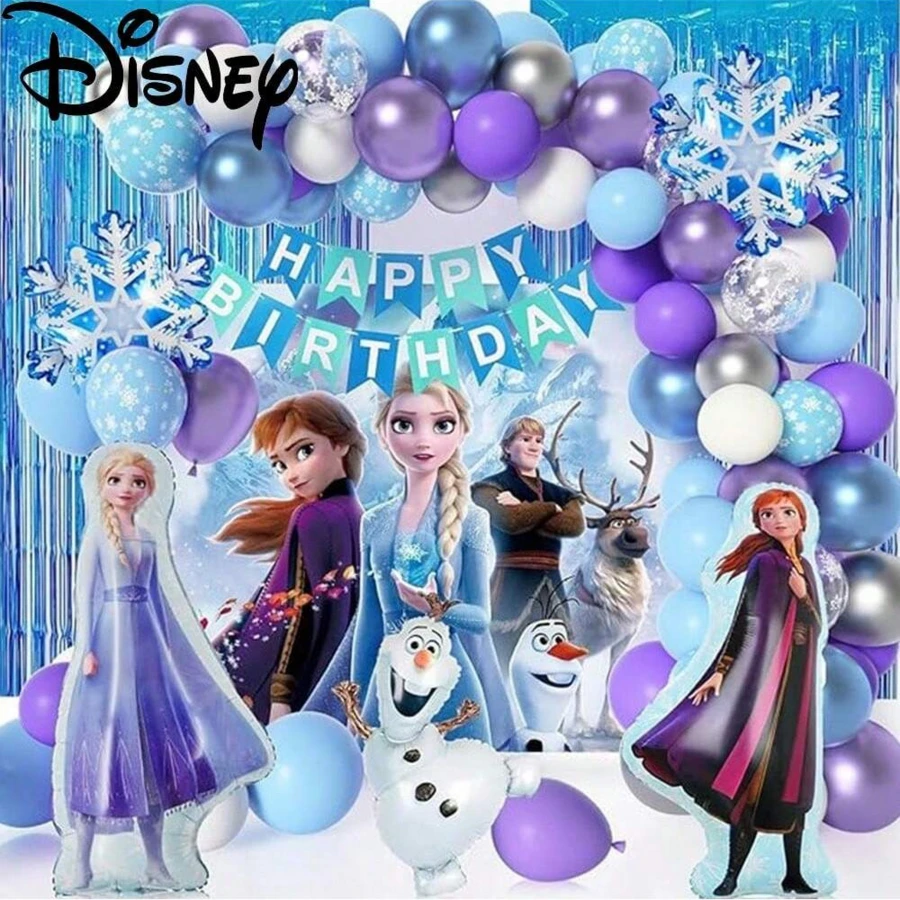 Conjunto Completo de Decoração para Festa de Aniversário, Tema Anna e Olaf, Conjunto de Pano de Bottom e Guirlanda de Balões, Inclui Faixa de Feliz Aniversário e Cortina de Borlas Metálicas, Adequado para Suprimentos de Festa da Princesa Frozen Mundo de Inverno - Conforme mostrado na figura - Visão 1
