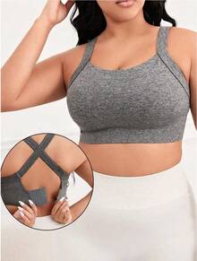 2Pcs Seamless High-Elasticity And High-Support Sports Bra,Women Underwear Detachable Chest Pad With Cross-Strap Design,Women's Fitness Solid Color Simple Yoga Bra,Women Soft And Comfortable Sports Tops - 灰色 - 查看 3