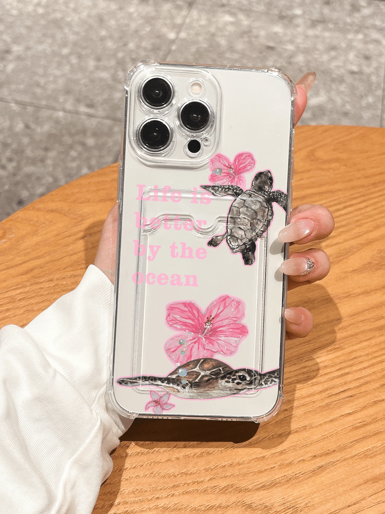 Turtle & Flower Card Slot Shockproof Phone Case Compatible With Apple 17/16/14 Pro Max, High-Quality New Design, Suitable For IPhone 13/15/12/12 Pro/11, Fashionable And Phone Protective Cover - Clear - View 1