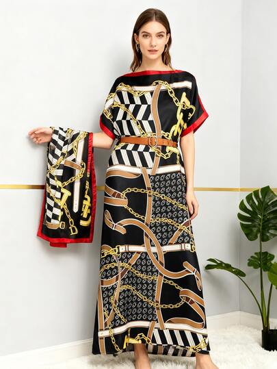 2件套女士复古链条印花仿丝围巾披肩套装，适合春夏海滩、休闲、防晒等场合