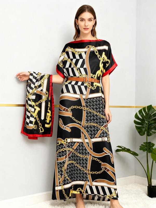 2pcs Women's Vintage Chain & Floral Print Faux Silk Scarf & Shawl Set, Versatile For Spring/Summer Beach, Casual, Sunscreen