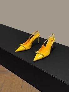 2026新款时尚蝴蝶结鳄鱼纹性感PU皮搭扣高跟凉鞋，适合派对、夜店、办公室、春夏秋季穿着。 - 黃色 - 查看 9