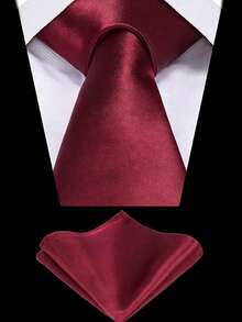 1 Set Men's Solid Color Necktie & Pocket Square Set, Satin Tie & Handkerchief Business Suit Accessories,Festival,Graduation Gift - Wine Red - View 1
