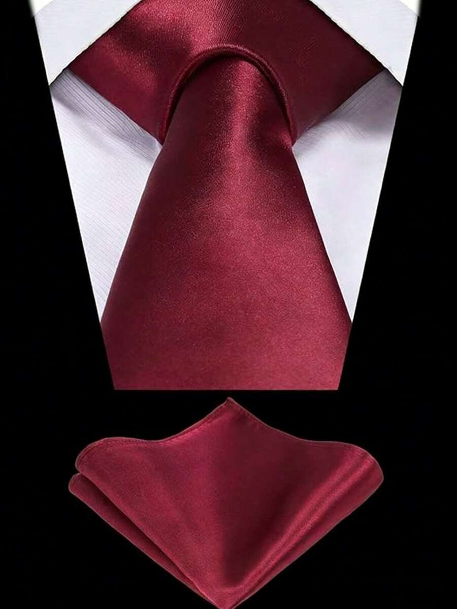 1 Set Men's Solid Color Necktie & Pocket Square Set, Satin Tie & Handkerchief Business Suit Accessories,Festival,Graduation Gift - Wine Red - View 1