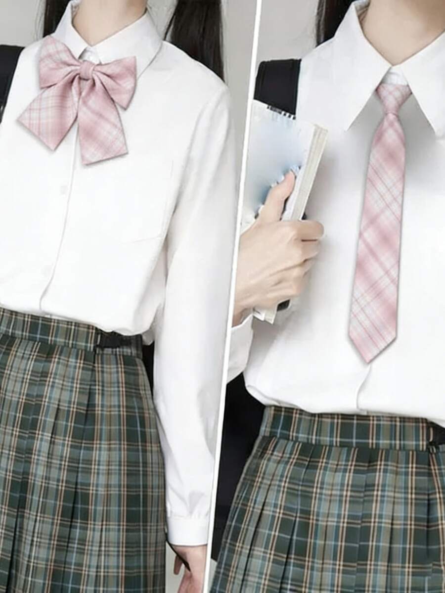 1 Set Classic School Uniform Plaid Tie & Bow Tie Combo - Multicolor - View 1