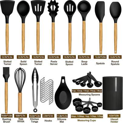 GAWFOLK 33-Piece Premium Silicone Kitchen Utensils Set With Natural Wooden Handles, Non-Stick Heat Resistant Cooking Tools With Storage Bucket, Ideal For Home Cooking, Baking & Camping, Perfect Gifts For Mother's Day, Father's Day & Housewarming