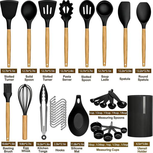 GAWFOLK 33-Piece Premium Silicone Kitchen Utensils Set With Natural Wooden Handles, Non-Stick Heat Resistant Cooking Tools With Storage Bucket, Ideal For Home Cooking, Baking & Camping, Perfect Gifts For Mother's Day, Father's Day & Housewarming